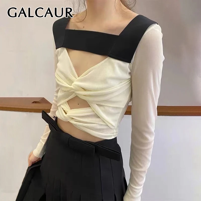 

Облегающая футболка GALCAUR с вырезами для женщин, вязаные футболки с квадратным воротником и длинным рукавом, женская одежда, корейский модны...
