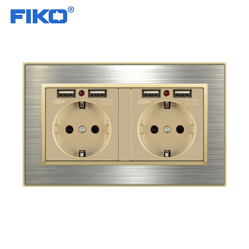 FIKO 16A EU standard wall power with usb plug grounded stainless steel panel electrical socketdouble usb 146mm*86mm
