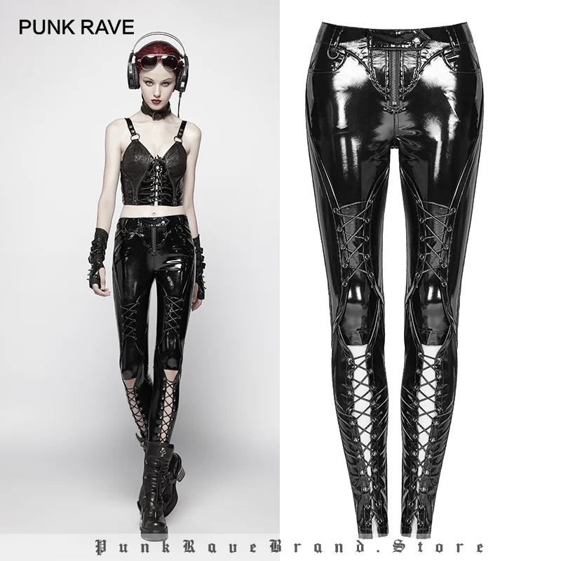 PUNK RAVE New Punk Pressure Adhesive Coated Woven Skinny Trousers Gothic Women's Black Sexy Hollow Out Personality Pants