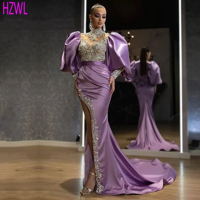 

Light Purple Arabic Evening Dresses High Neck Beaded High Side Split Satin Prom Dresses Sexy Party dress for Women Robe De Soire
