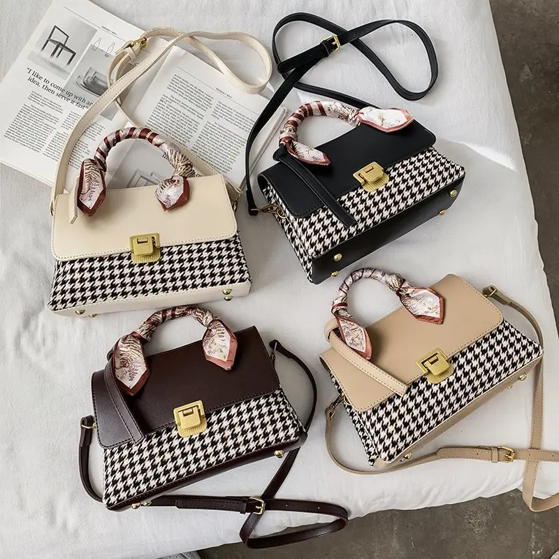 

Ladies Fashion Houndstooth Shoulder Bag Simple PU Leather Shopping Tote Bag Women Party Travel Saddle Bag Messenger Bag