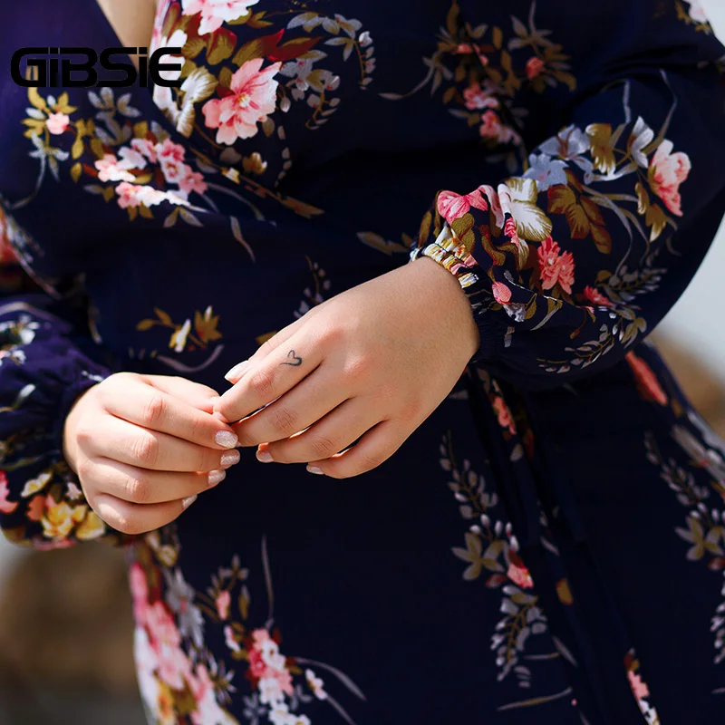 GIBSIE плюс размер цветочный принт с высокой талией платья для женщин v-образным