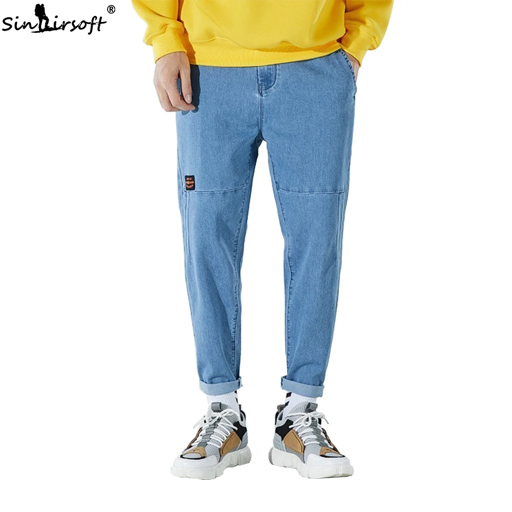 Летние мужские синие джинсы широкие комбинезоны штаны для бега
