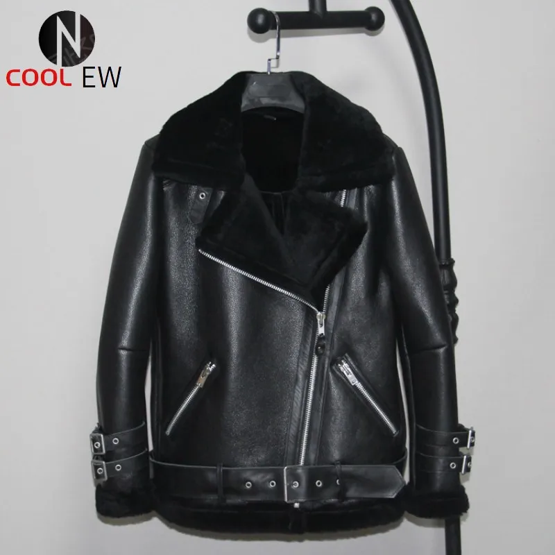 

Luxury Loose Fit Belt Biker Jacket Female Winter Thick Warm Shearling Genuine Leather Short Coat Brand Zipper Real Fur Outerwear