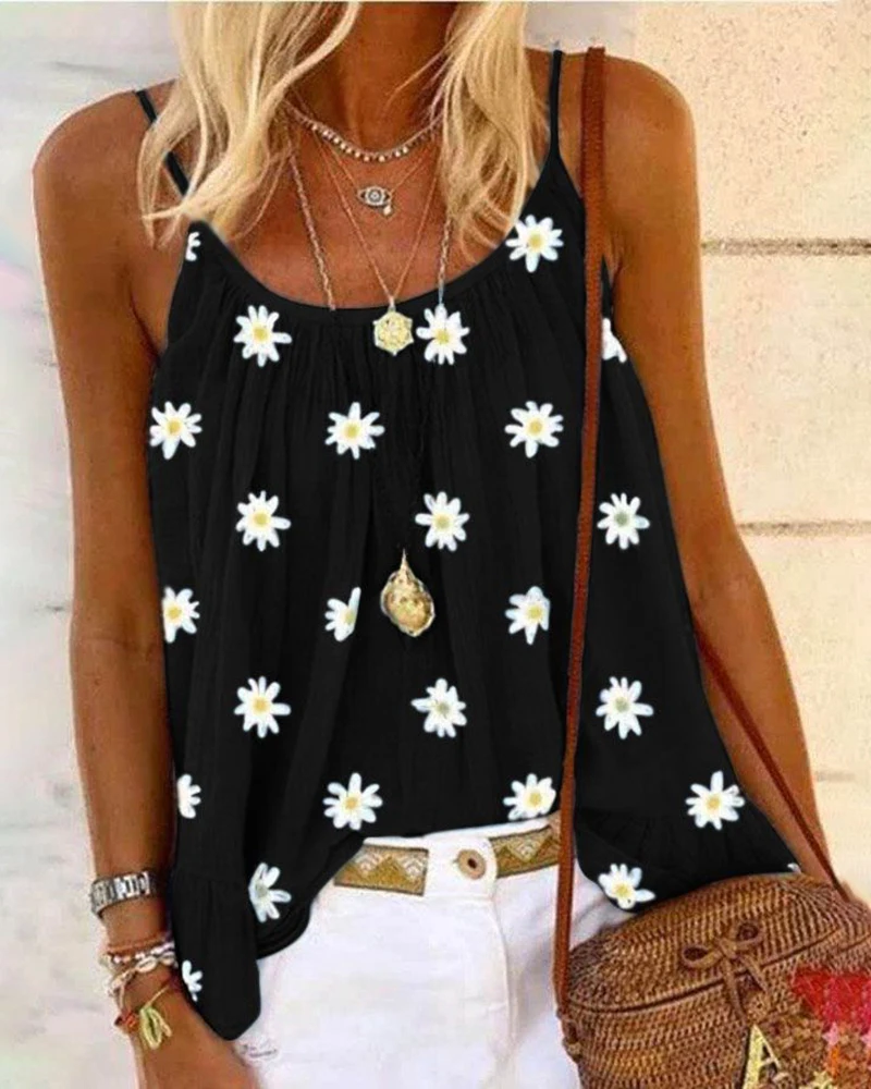 

Summer Woman Floral Print Casual Sleeveless Camis Spaghetti Strap Oversized Plus Sizes Daisy Print U-neck Casual Tank Top