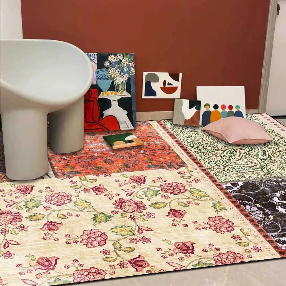

Ethnic Pastoral Flower Stitching Bedroom Bedside Area Rugs Retro European Style Carpet Living Room Corridor Non-Slip Floor Mat