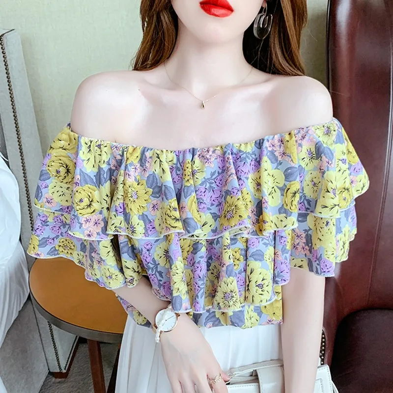 

Floral Print Blouse Female Casual Tops Summer Women Ruffle Slash Neck Collar Blouses Boho Elegant Top Vestidos Chiffon Shirt