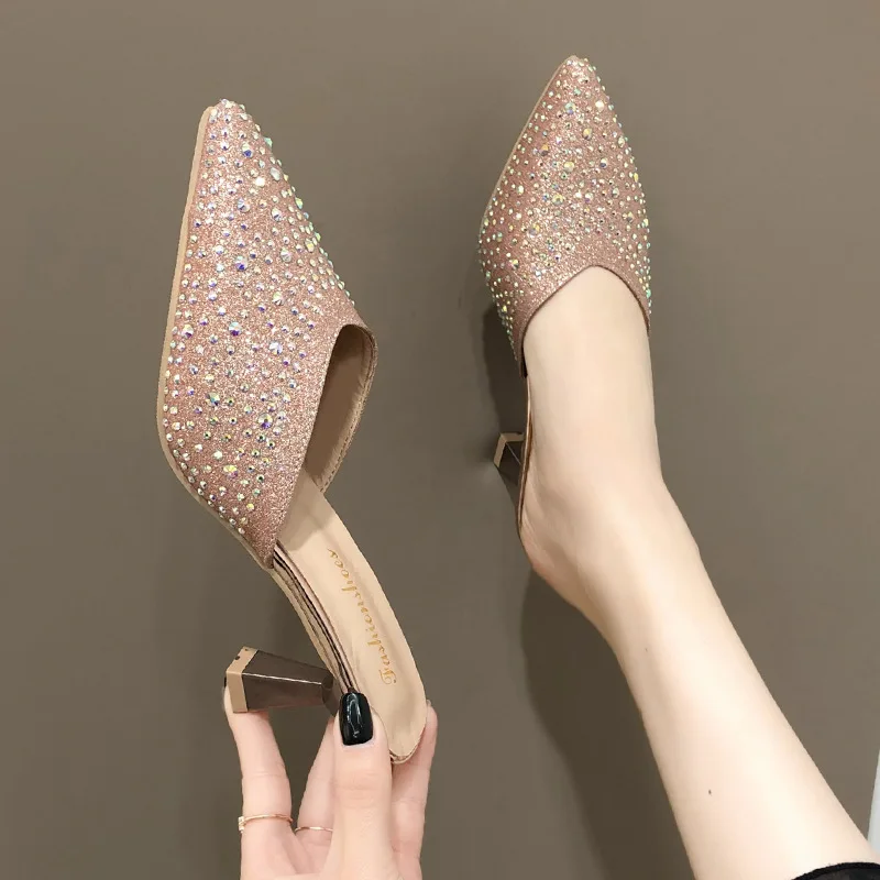 

High-Heeled Shoes Lady Ladies' Slippers Slipers Women Glitter Slides Fashion Low Pointed Toe 2021 Jelly Luxury Cover Rome Crysta