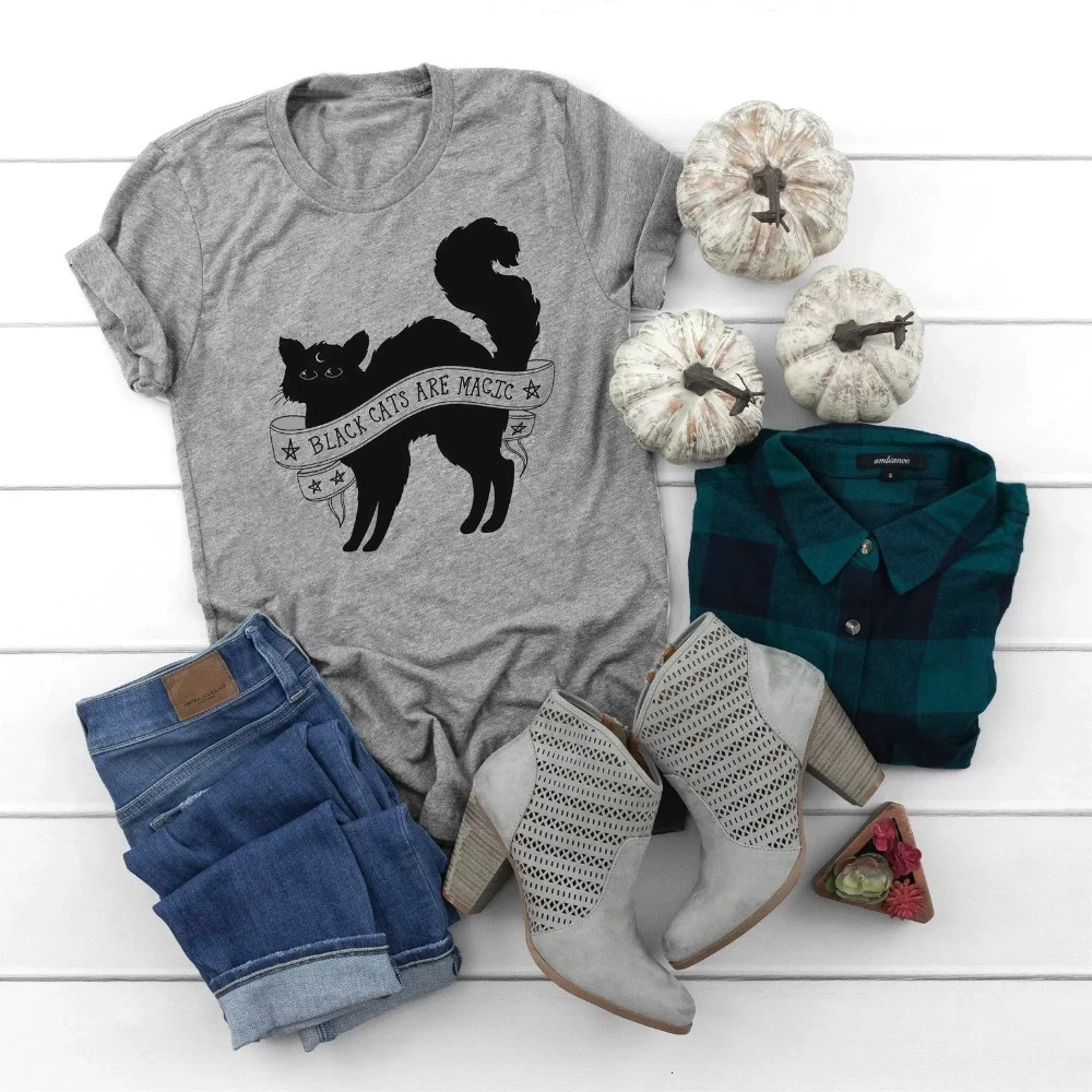 

Black cat are magic t-shirt funny graphic cat lover tee women fashion young girl tumblr goth party popular top goth tshirt- K382