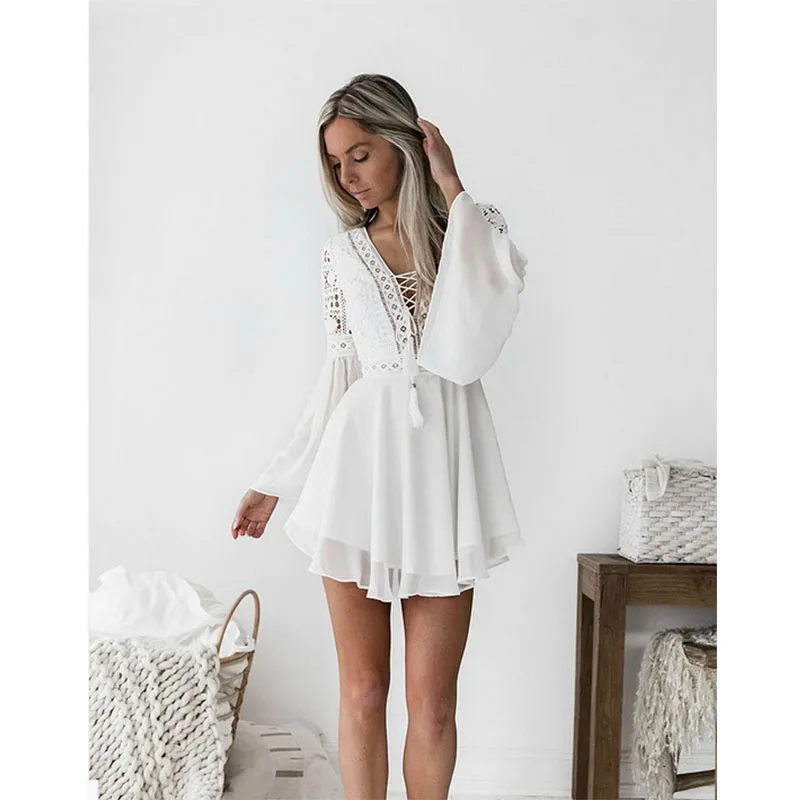 

Women White Bohemian Mini Dress Women Fashion Solid White Mini Lace Casual Clothes V-neck Long Sleeve Dresses New Summer 2020