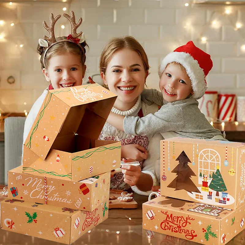 

4/8/12pcs Kraft Paper Portable Christmas Gift Box Party Favor Holders Candy Box Cookie Chocolate Boxes Snowman Santa Claus Gift
