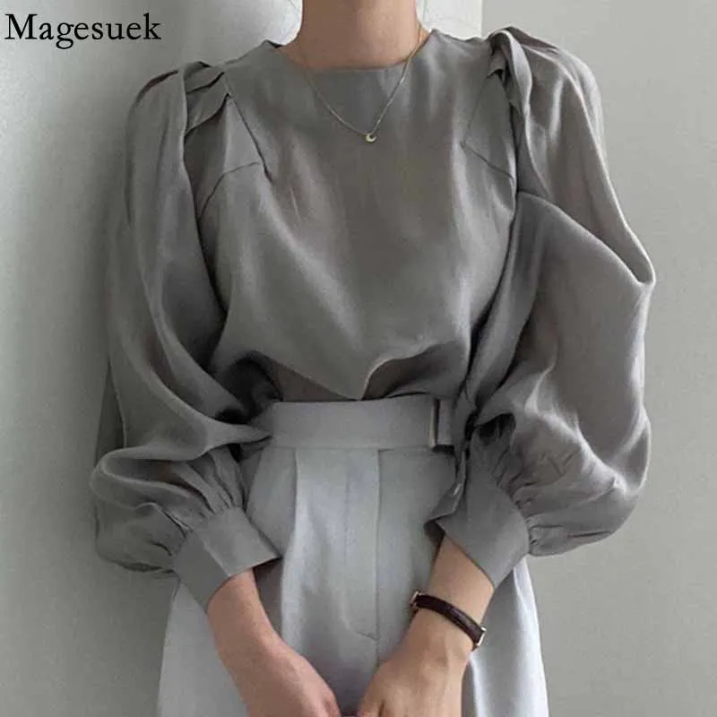 Женская блуза с круглым вырезом длинным рукавом-фонариком | одежда