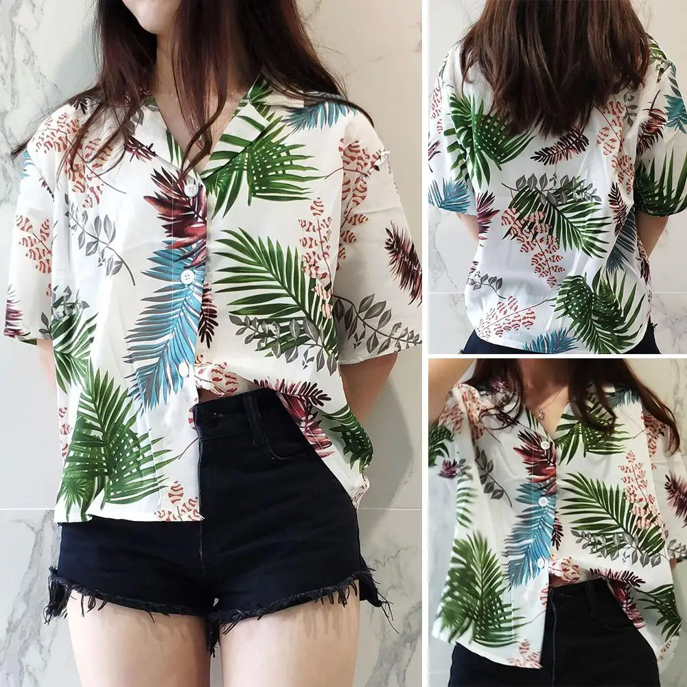 

Tropical Plant Leaf Print Short Sleeves Women Top Chiffon Casual Blouse Shirt