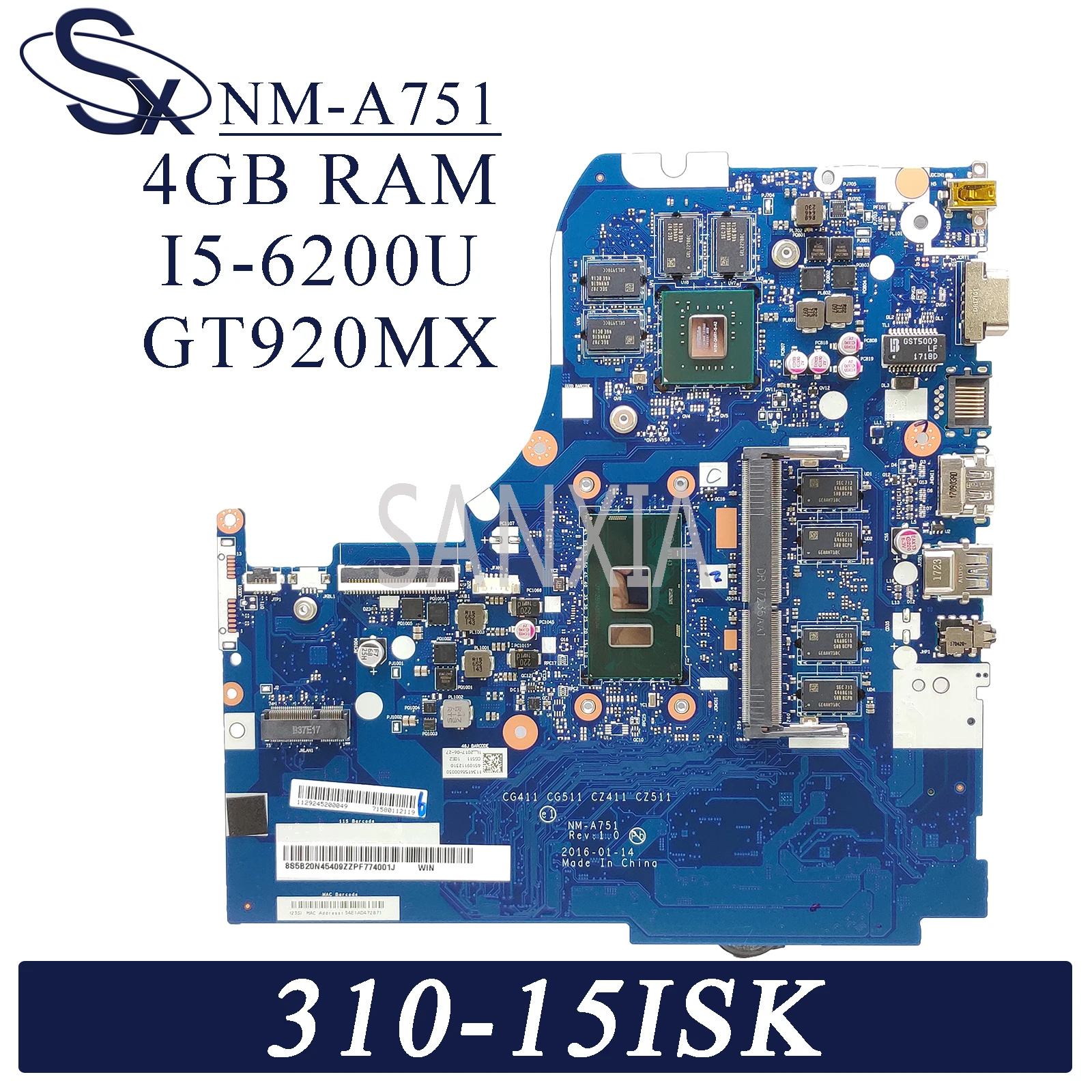 

Материнская плата KEFU NM-A751 для ноутбука Lenovo 310-15ISK 310-15IKB, оригинальная материнская плата 4GB-RAM I5-6200U GT920MX 2 Гб