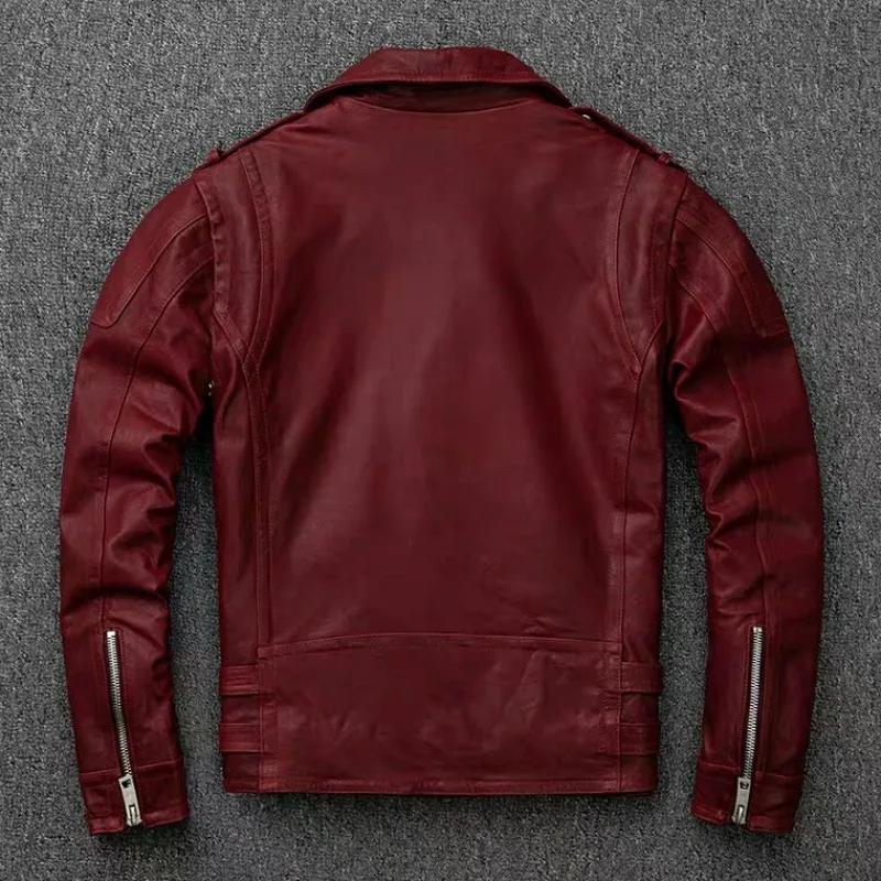 

Мужская приталенная куртка из овечьей шкуры, эксклюзивное Брендовое байкерское короткое пальто на молнии с отложным воротником, винно-крас...