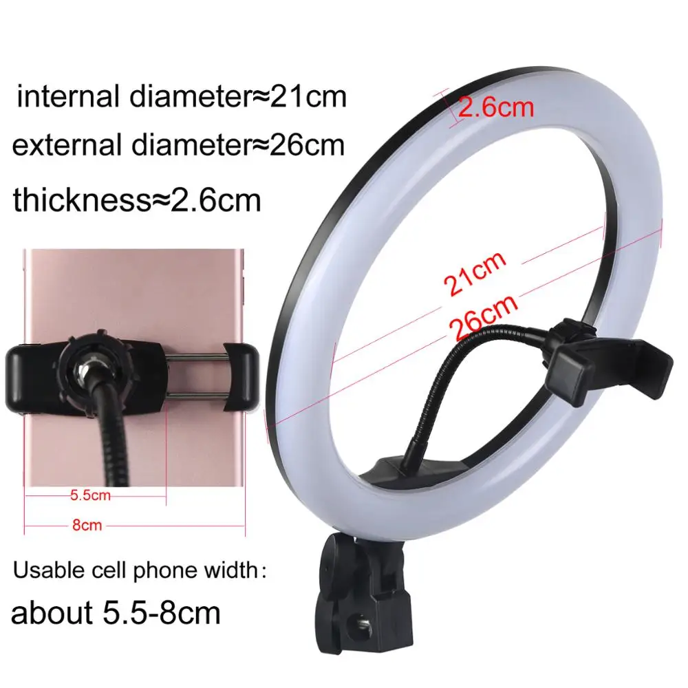 

Photographic Lighting Dimmable LED Ring Light 10" 26cm 3200-5600K Photo Studio Selfie Ring Lamp with 150cm Tripod Phone Holder