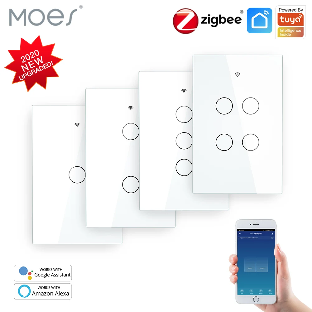 ZigBee Wall Touch Smart Light Switch With Neutral/No Neutral,No Capacitor Smart Life/Tuya 2/3 Way Control compatible AlexaGoogle