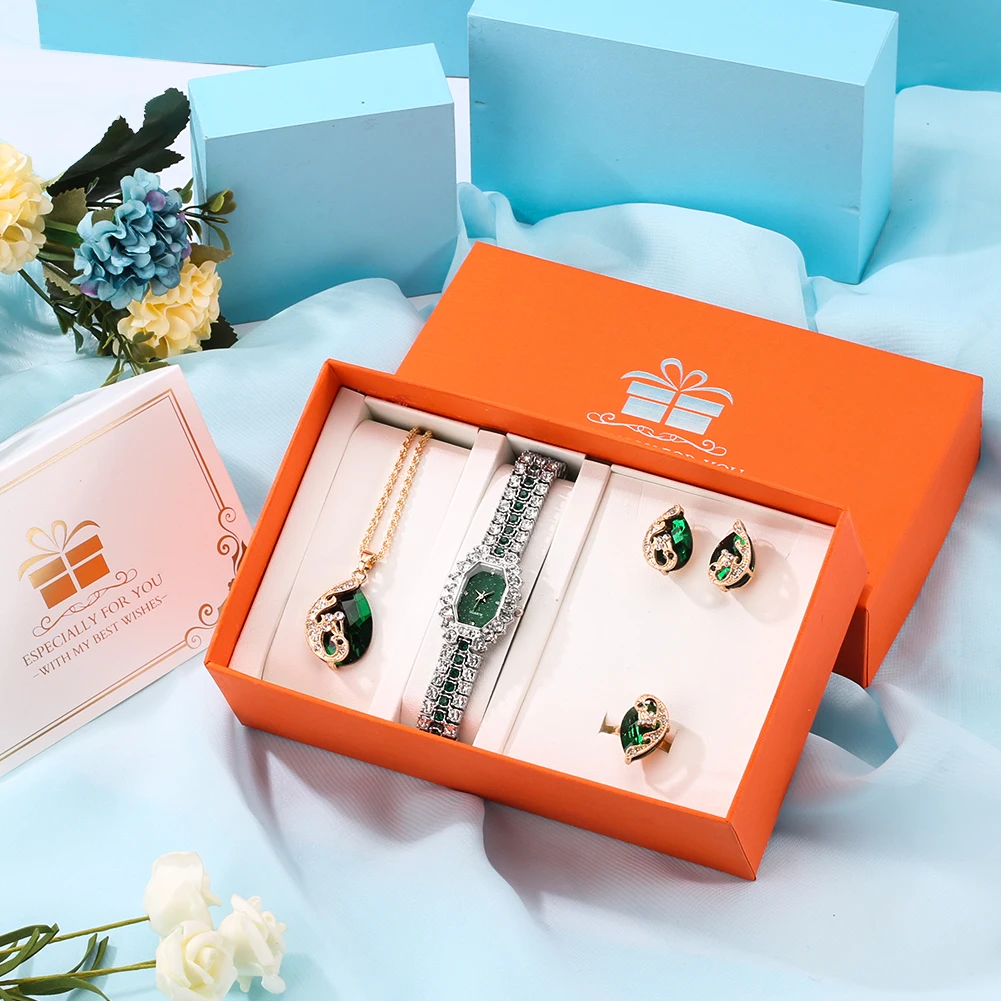 

Women's Watches Gift Set Fashion Ladies Quartz Watches Luxury Crystal Ring Earrings Necklace Jewelry Gift Sets for Wife