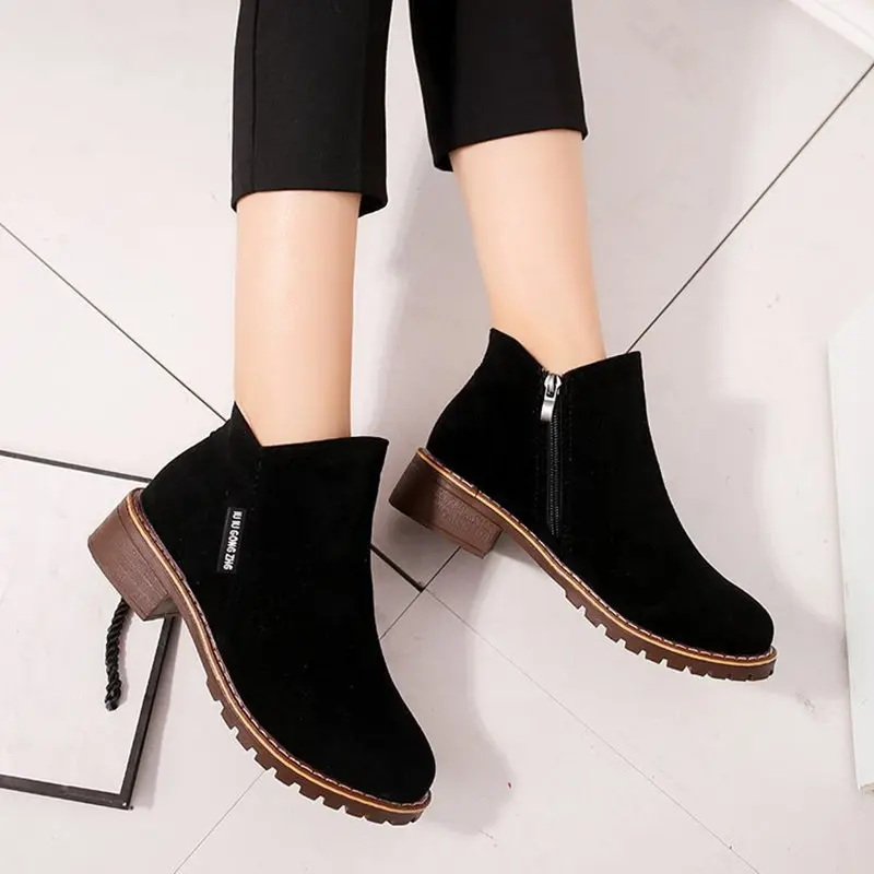 Plus Size EU42 Women Ankle Boots Flock Square Heel Autumn Winter Shoes Female Short Boot Round Toe Zipper Ladies Low Heel Shoes