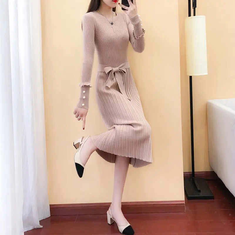 

Autumn Winter Knit Dress Women Elegant Casual O-neck Slim Bodycon Robe Sweater Dress Office Lady Mid-calf Knitted Dress Y251