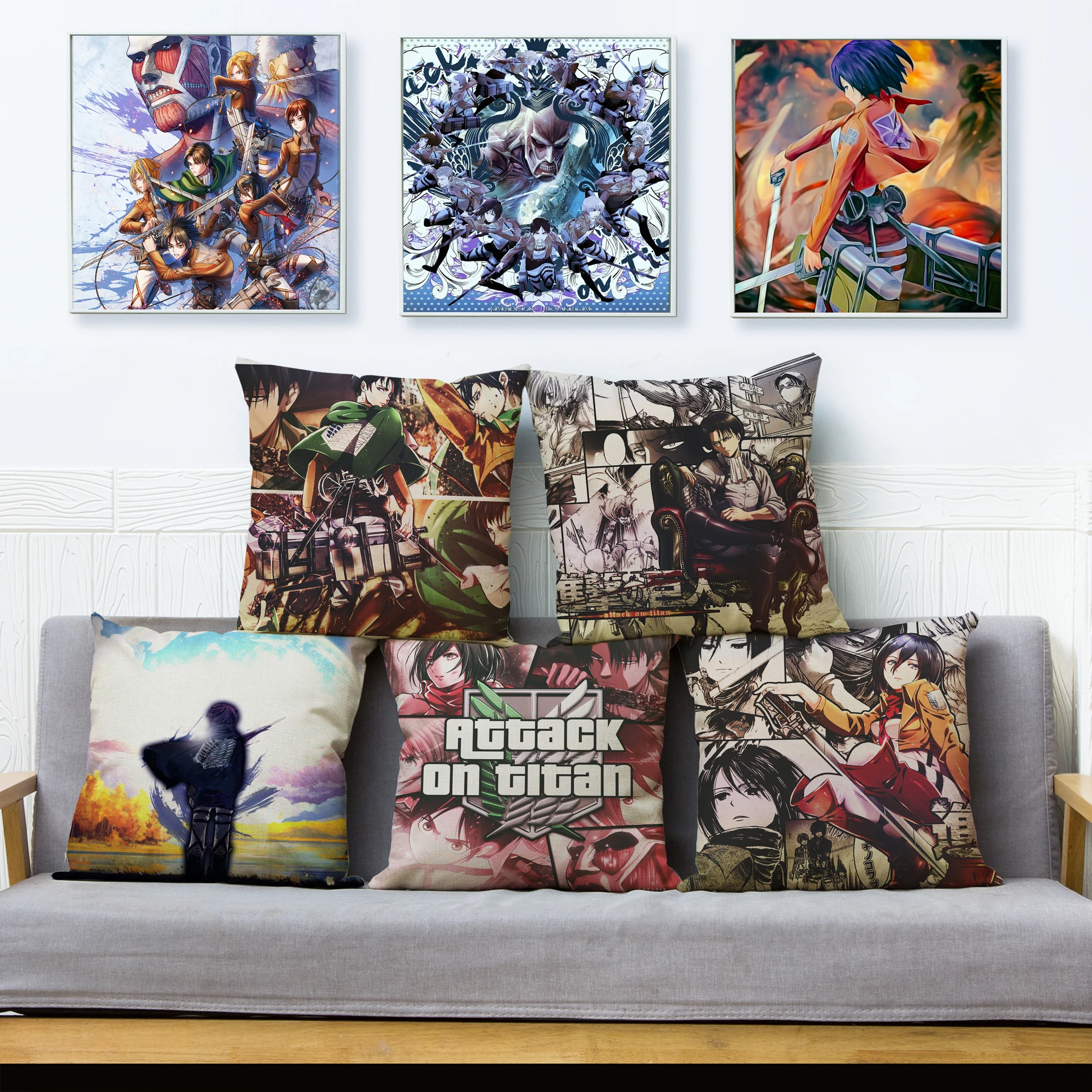 Japan Anime Attack On Titan Print Pillowcase Beige 45*45 Square Polyester Cushion Cover Kid Gift Sofa Home Decor Pillows Cases