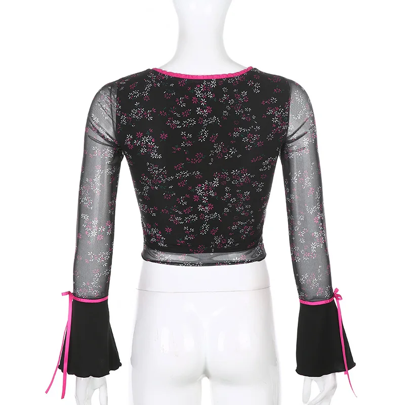 

Women Fashion Casual T-Shirts Ladies Floral Printed V Neck Long Flared Sleeve Mesh Tops Outfits Party Clubwear