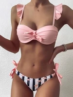 new striped lace ruffle push up women bandeau swimsuit female swimwear bra cup bikini set high cut bathing suit