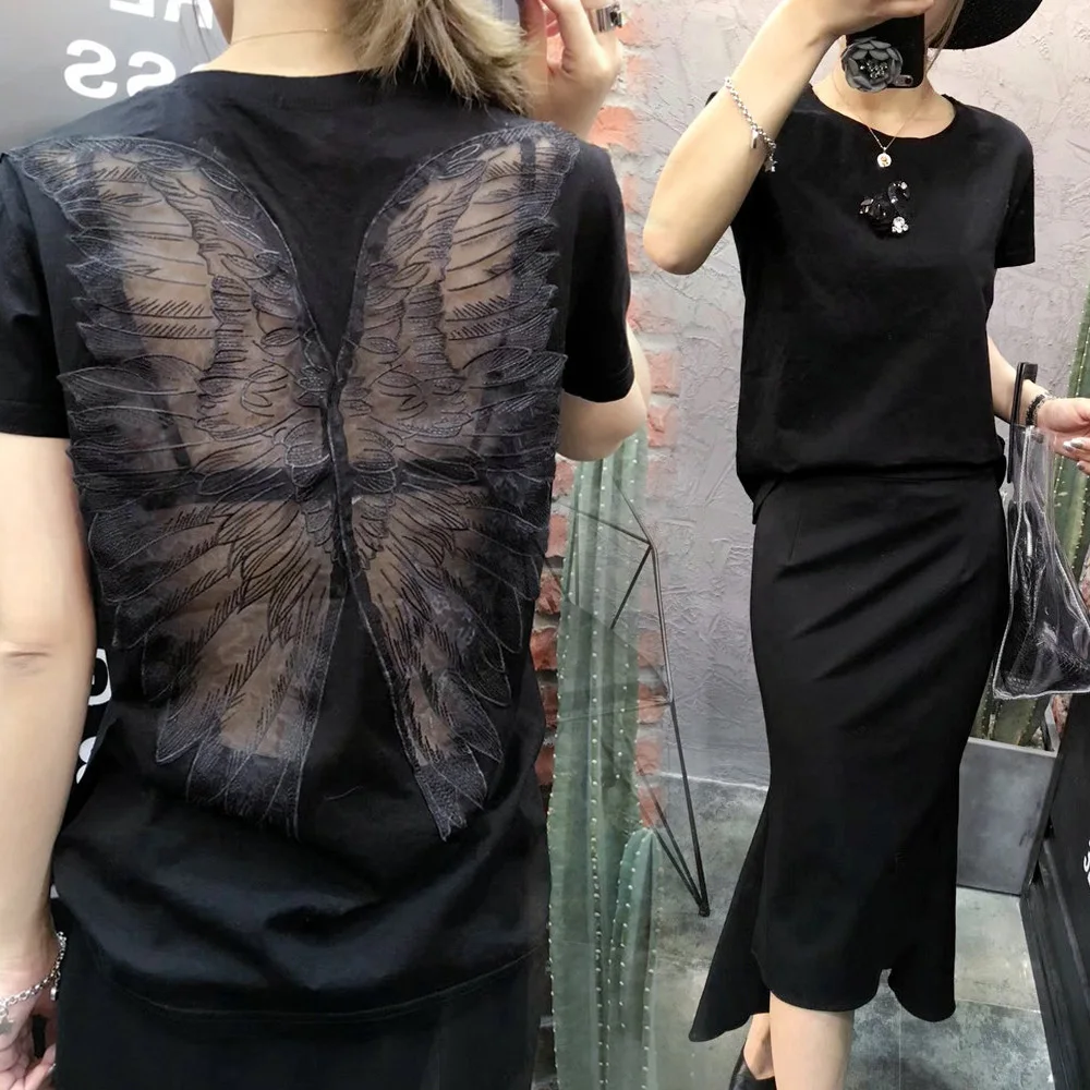 

Solid Mesh Hollow Short Sleeve Women's Summer T-shirt Pullover Tops 2021 New Sexy Backless Wings Tshirt Female Harajuku Y2k Tees