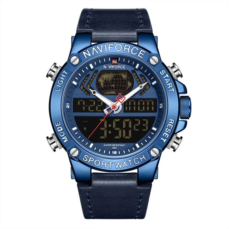 blue NAVIFORCE новые мужские часы Топ люксовый бренд кожа водонепроницаемые мужские спортивные часы кварцевые аналоговые цифровые часы мужские Relogio Masculino - Цвет: blue