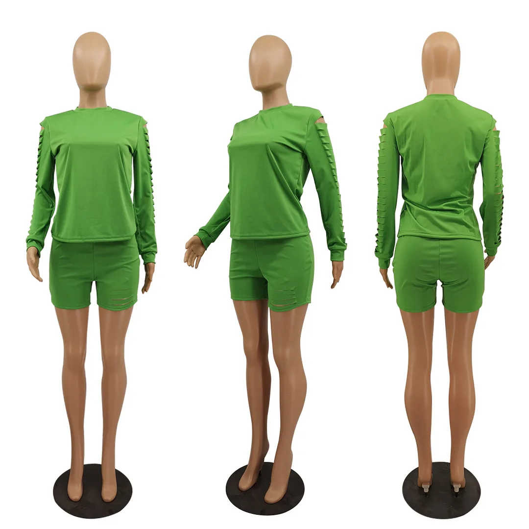

2021 Spring Casual Women Two Piece Set Hole O-neck Shirt + Short Pants Sportwear Tracksuit Soild Color Clothes For Women Outfit