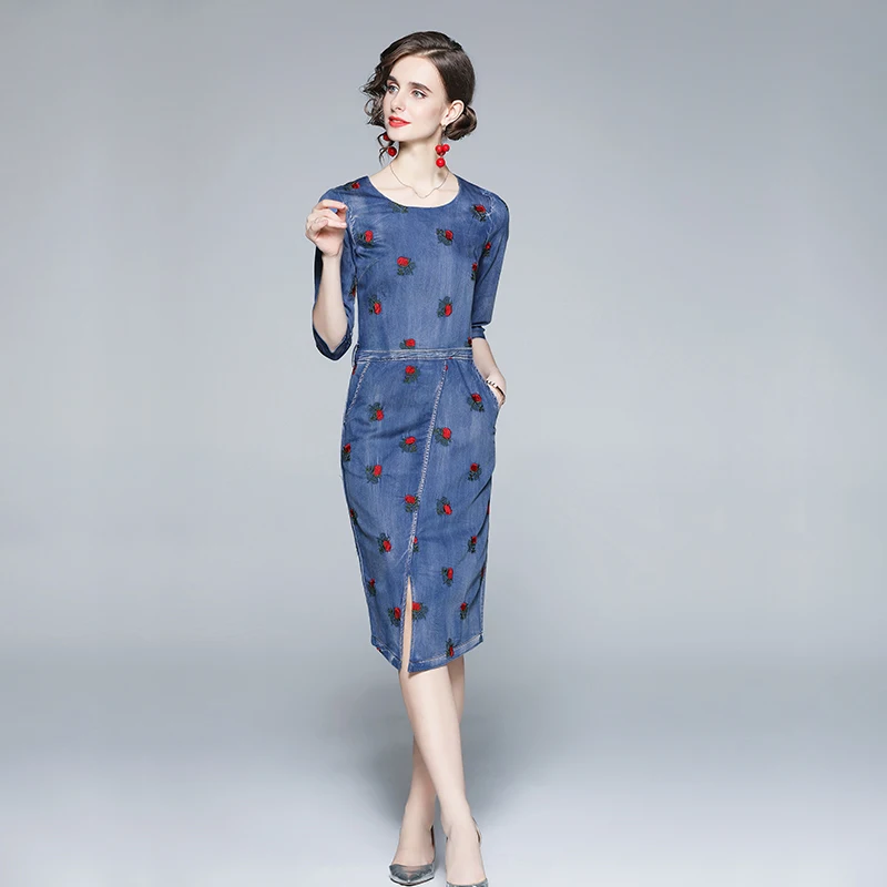 

Women Dress Office Lady A-LINE Embroidery Mid-Calf O-Neck Elegant Women Dresses For Party Vintage 2021 New Autumn Women Dresses