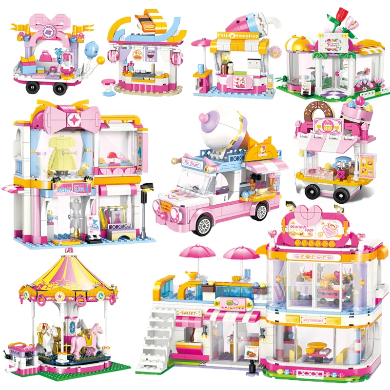 

Конструктор серии «вид на улицу города», Детский конструктор с мороженым, машинкой, цветочным магазином, столовой, Обучающие сборные блоки, игрушки для девочек, подарок