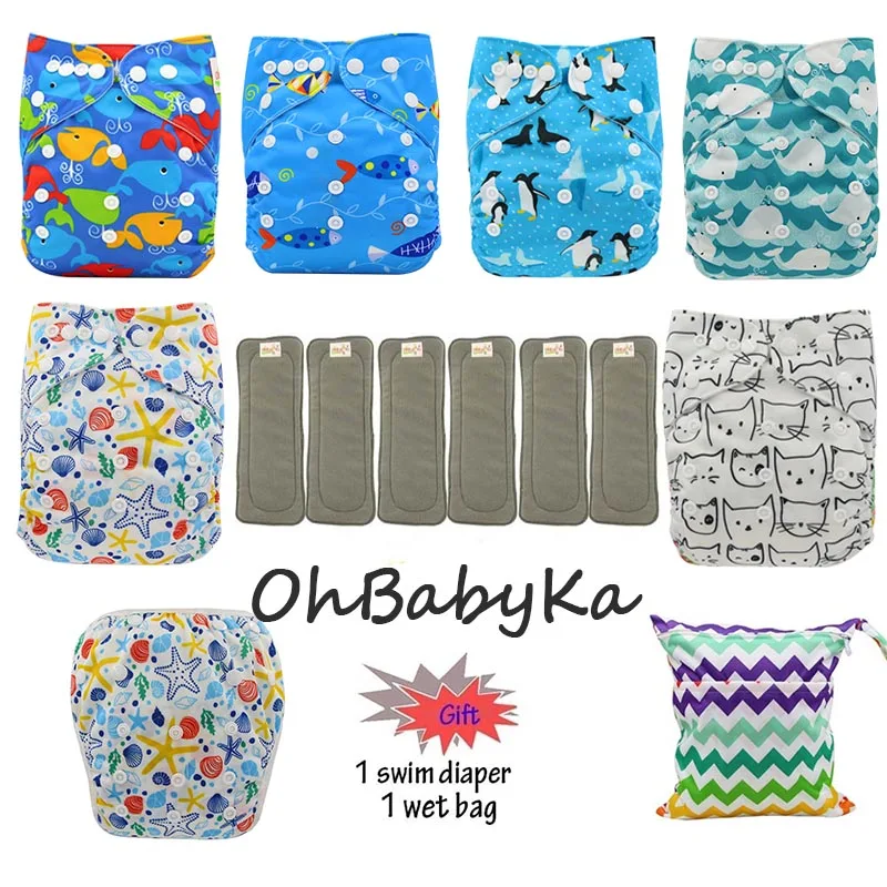 10 Ohbabyka водонепроницаемый детский карман пеленки Моющиеся Многоразовые подгузники из ткани детские подгузники 6 шт+ 6 шт микрофибры вставки+ 1 бесплатный подгузник мешок - Цвет: 10