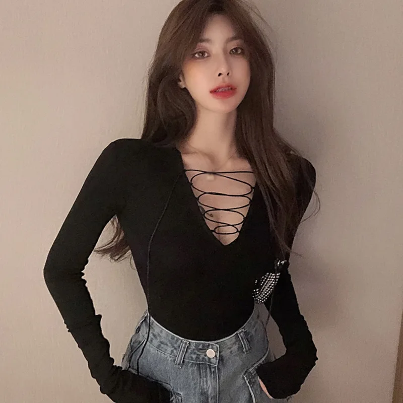 Женские футболки Сексуальная футболка с глубоким v-образным вырезом тонкая