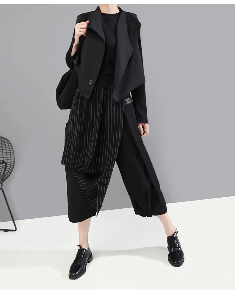 [EAM] High Elastic Waist Striped Black Asymmetric Trousers New Loose Fit Pants Women Fashion Tide Spring Autumn 1A933