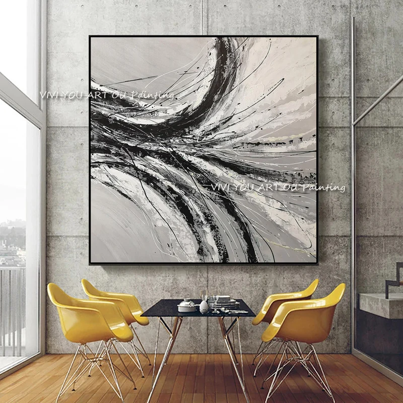 

100% Handmade Abstract Ocean oil painting Grey Black Canvas Modern Large Size Wall Art for Living Room Home Decoration Gift