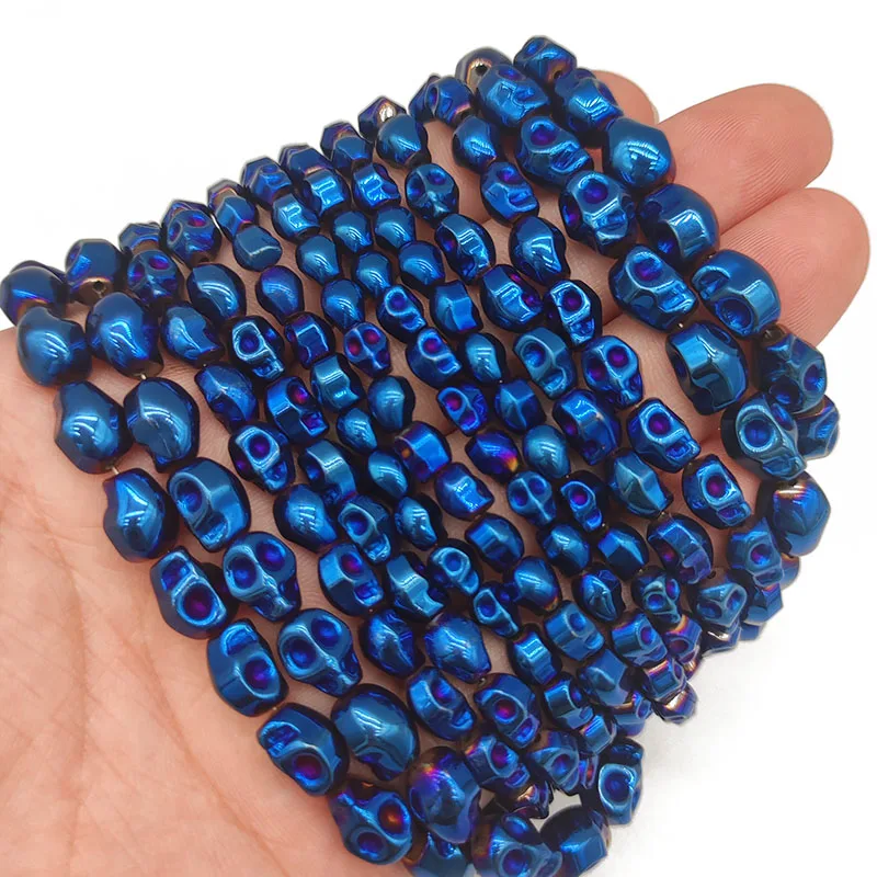 4/6/8MM Plating Blue Skull Head Natural Hematite Stone Spacers Loose Beads For DIY Jewelry Making Bracelet Necklace Accessories images - 6