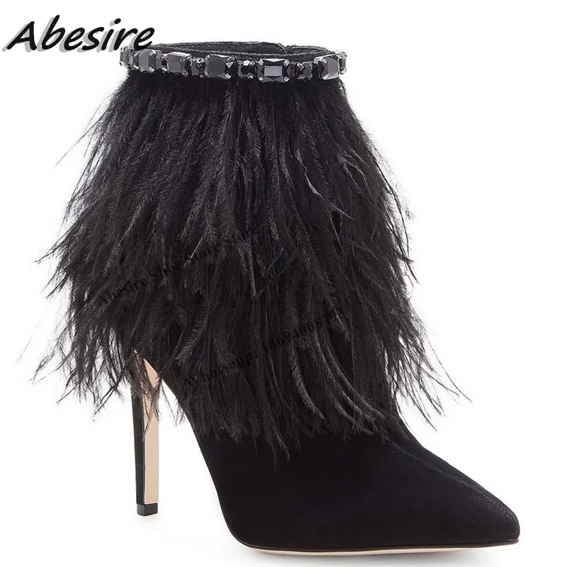 Ботильоны Abesire с украшением из черного хрустального меха замша на тонком высоком