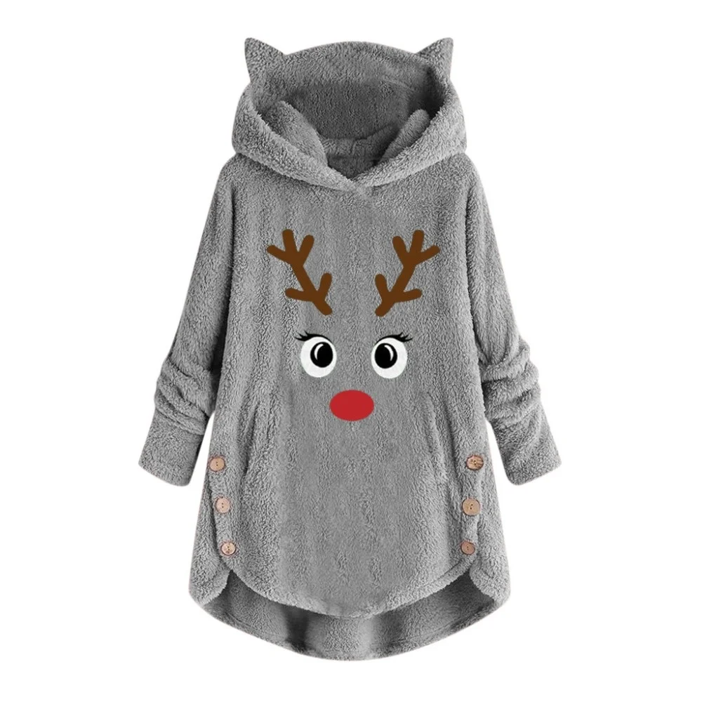 Pullovers Hoodies Women Button Cat Ears Cartoon Christmas Kawaii Long Sleeve Warm Tops Large Size Lovely Casual Sweaters | Женская
