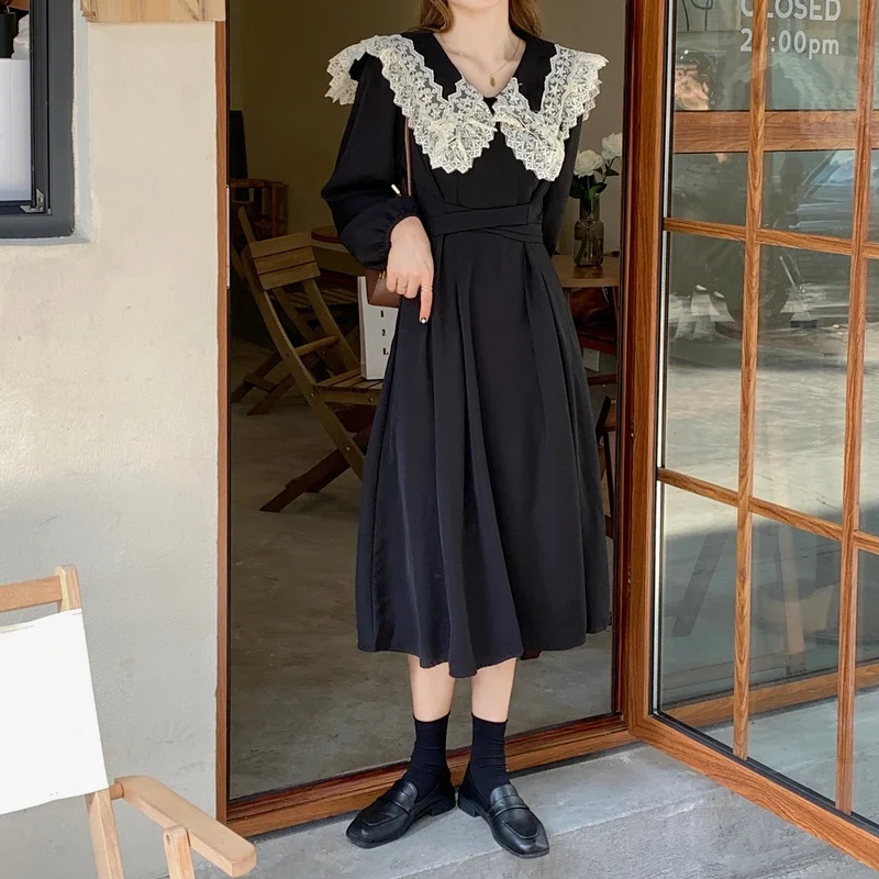 

Japanese Style Bandage Dress Women Elegant Vintage Lace-up Black Midi Dress Korean One Piece Casual Chic Gothic Dress Autumn New