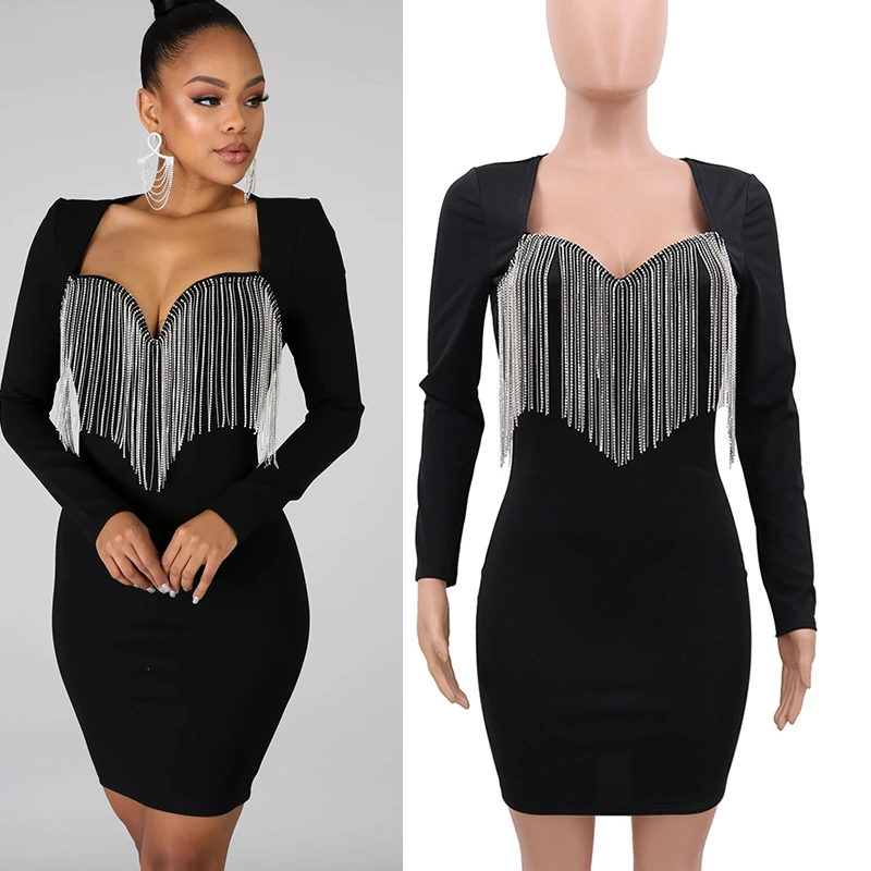 Сексуальное женское облегающее черное платье vestidos, платья для вечеринок, Украинская одежда sukienki, кружевное платье с блестками и длинным рукавом - Цвет: black 88