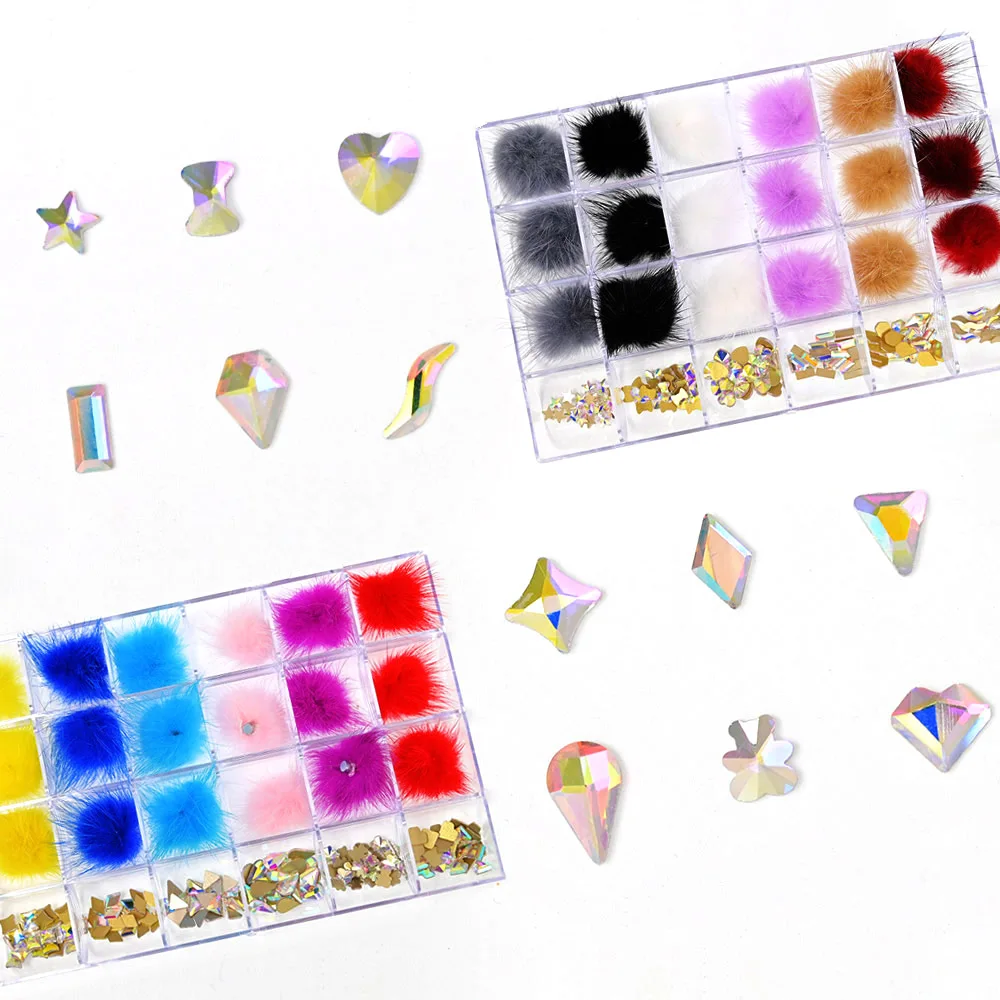 

1Box Nail Pompoms(18pcs) Colorful Fluffy Fur Ball 27*27mm 150pcs 6 Shapes AB Crystal Rhinestones Set Nail Art Decorations PR#74