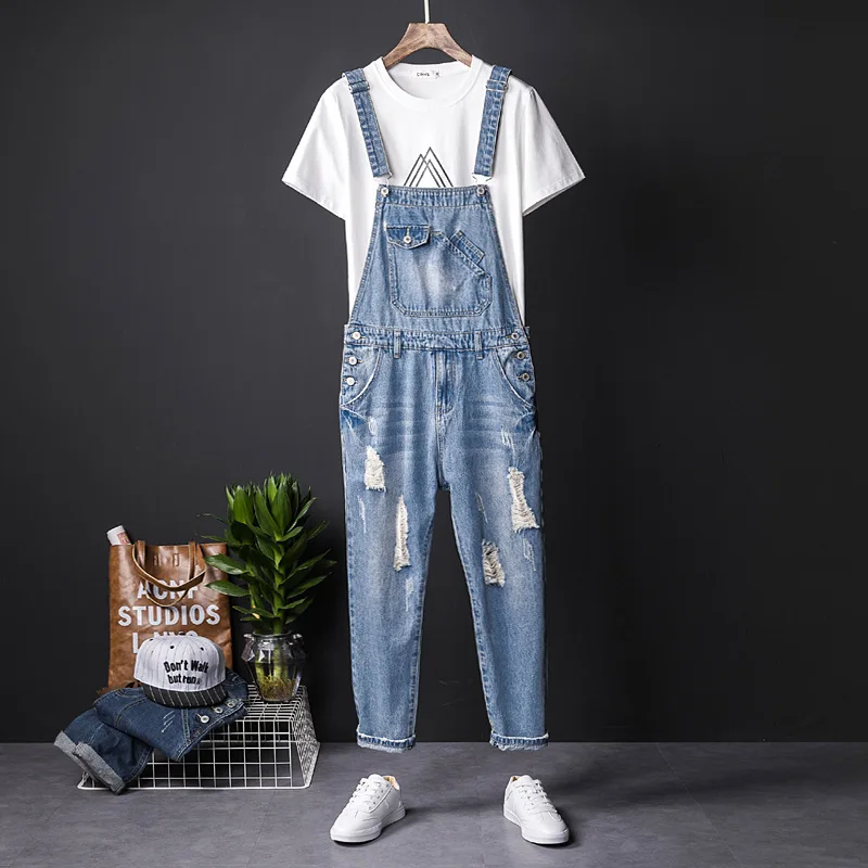 Fahsion Man Ripped Jeans Bib Overalls Ankle Length Hip Hop Hole Denim Jumpsuits Homme Trousers Leisure Freight Pants