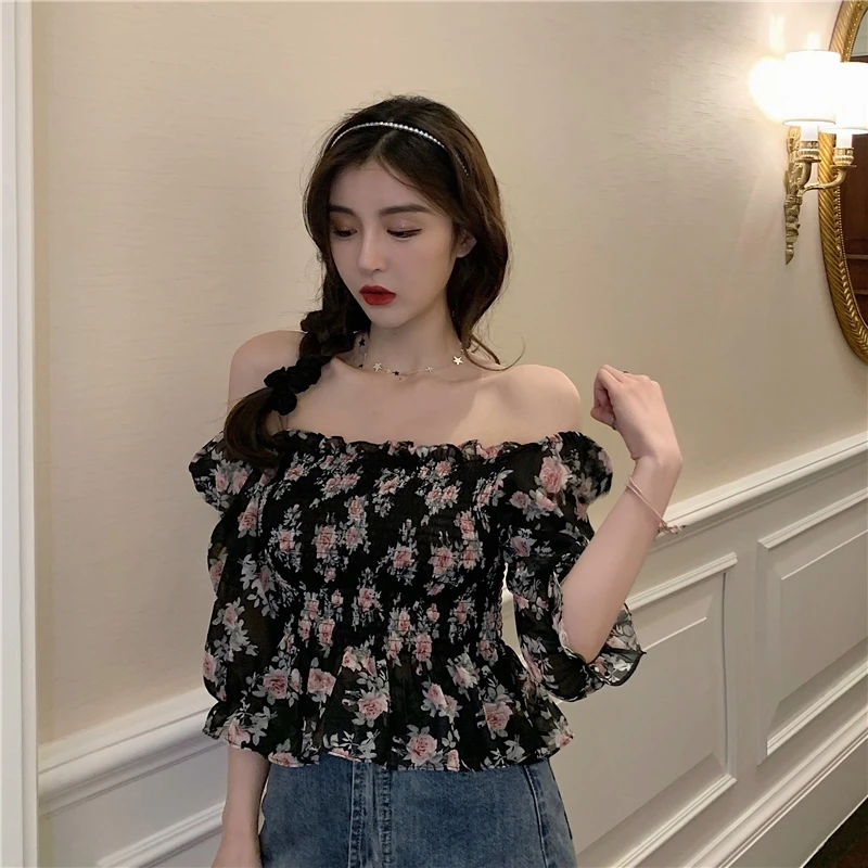 

Spring Women Floral Print Slash Neck Sexy Sweet Navel Exposed Short Sleeve Chiffon Shirt Blouse Y986