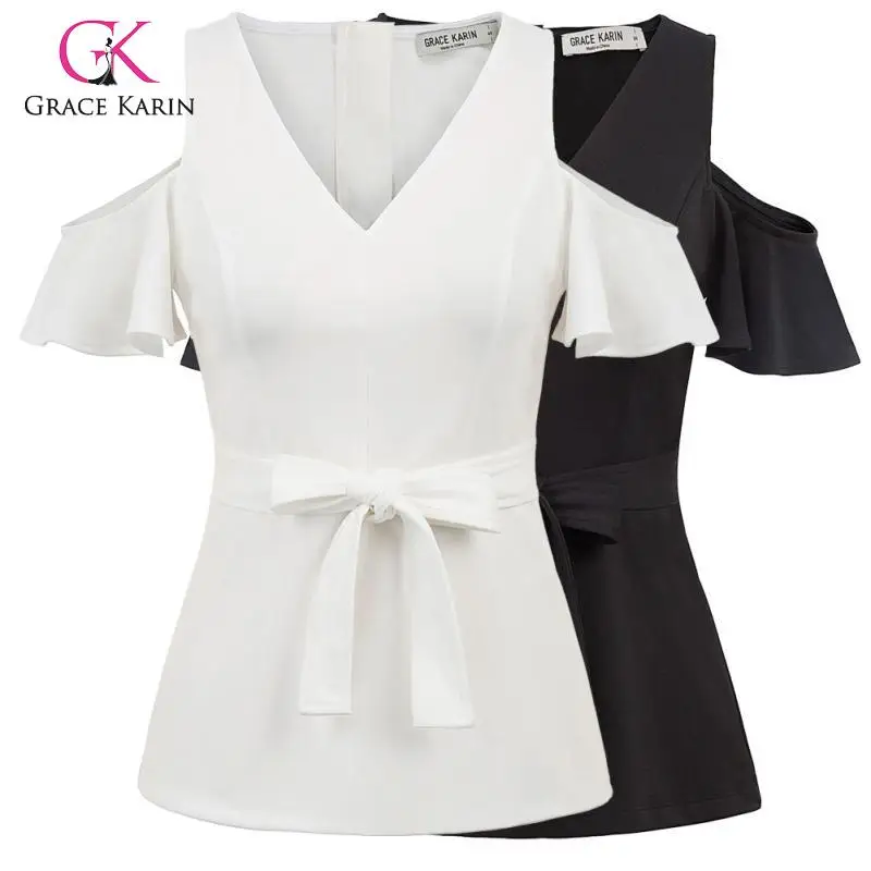 Grace Karin сексуальные женские блузки с коротким рукавом Топы без бретелек v-образным