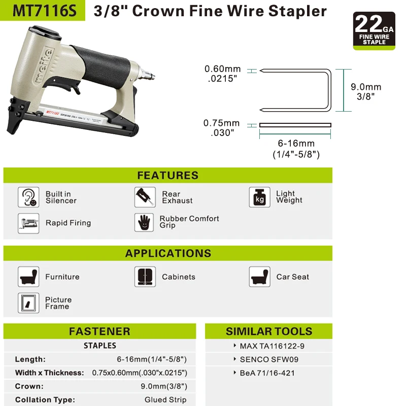 Meite MT7116S 3/" крона тонкой проволоки степлер, пневматический пистолет гвоздильщик пистолет с триггером безопасности для мебели Jun.14 инструмент обновления