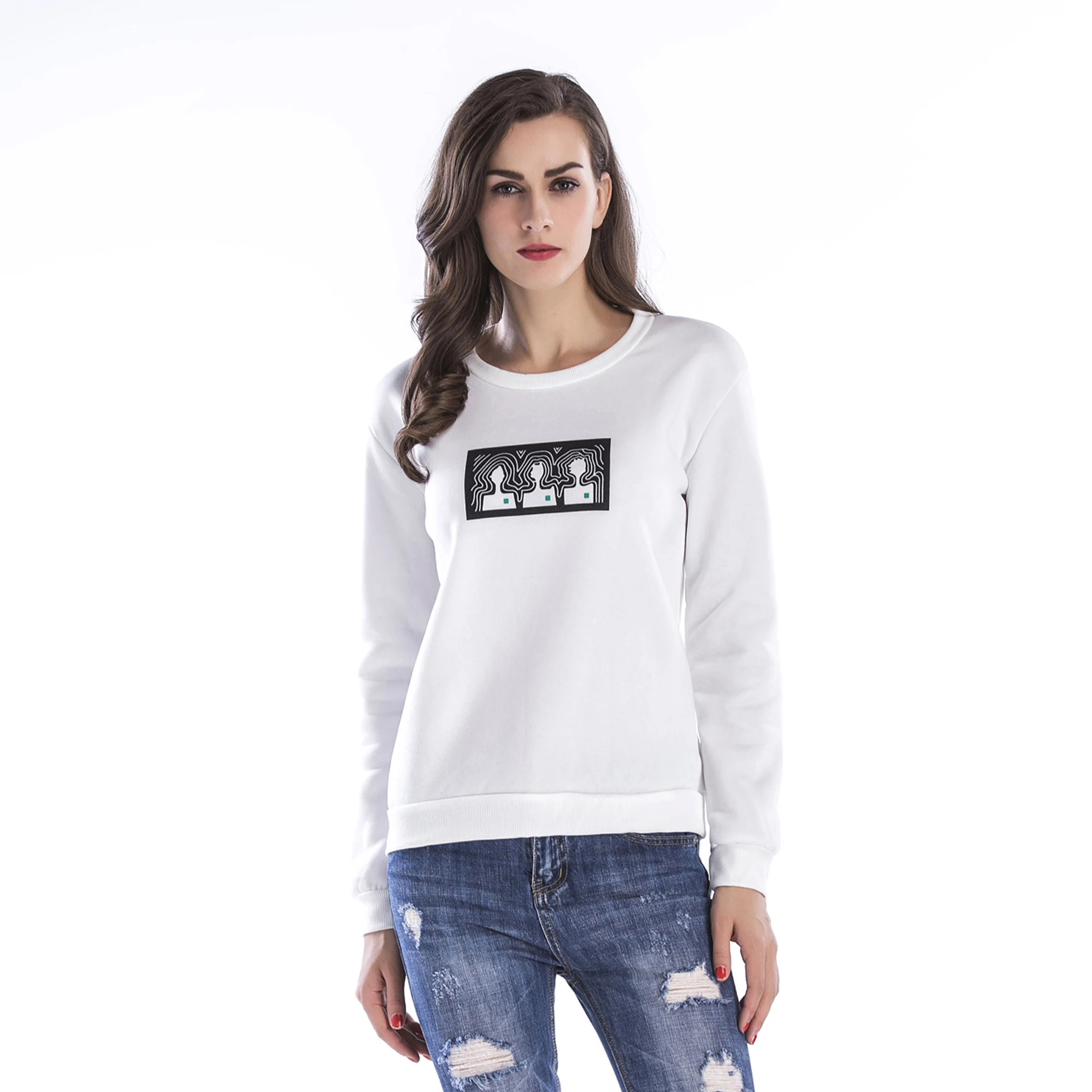 Женские повседневные пуловеры 2020 Осенний белый топ с принтом Женская хлопковая