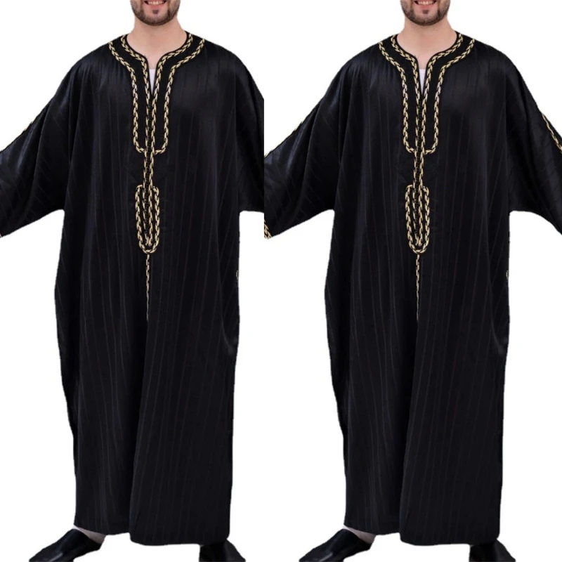 

P8DB Islamic Mens Clothing Kaftan Maxi-Muslim Male Shirt Long Sleeve Abaya Dubai