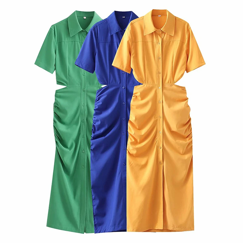 

Женское платье-рубашка с вырезами на талии, с воротником с лацканами и коротким рукавом