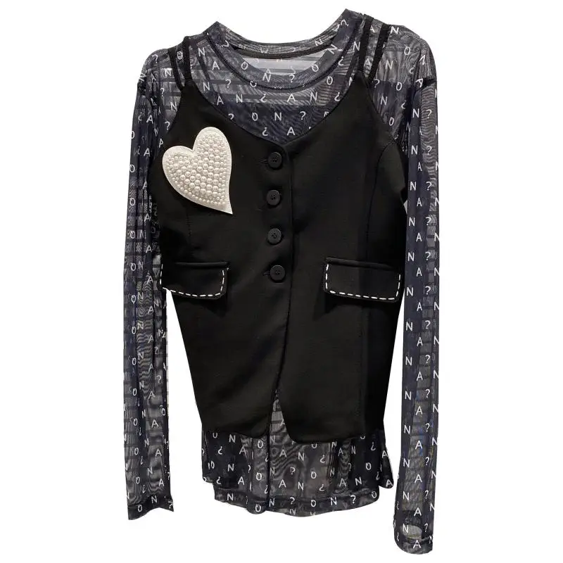 

Two Piece Top Woman 2021 Summer New Letter Mesh T-shirt + Pearl Heart Beaded Vest Female Outfits White Black Nancylim